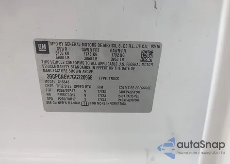 2016 Chevrolet Silverado 1500 Wt z USA, uszkodzony, nr VIN 3GCPCNEH7GG220968